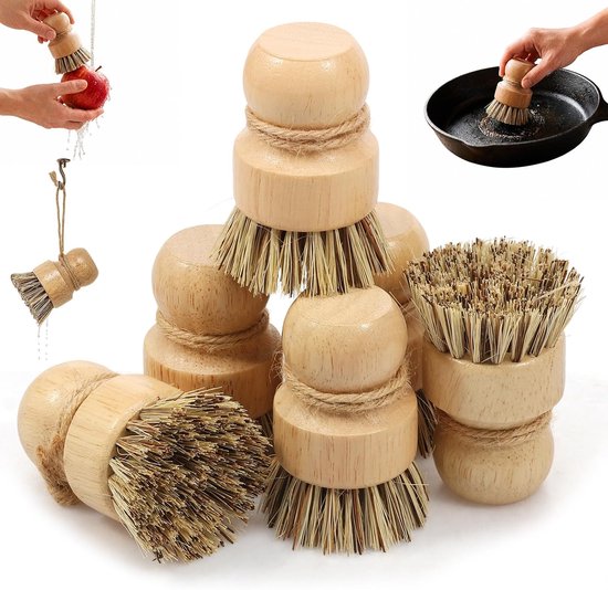 6 stuks handpalmborstel afwasborstel hout rond