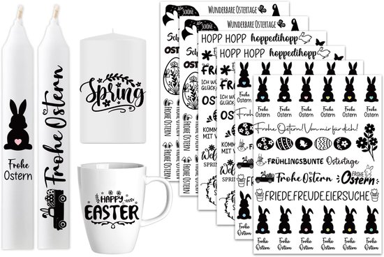 6 stuks kaarsen voor Pasen - waterschuiffolie - kaarsen - tattoo - lente - kaarsenstickers - paashaas - spreuken - vrolijk Pasen - decoratie - feestelijke kaarsen van Merkloos	