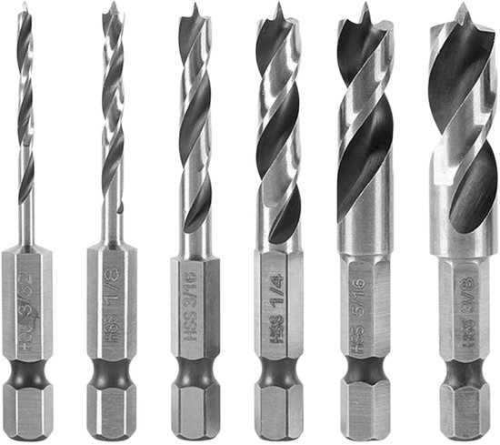 6 stuks kleine houtboor - zeskantige boorset - houtspiraalboor met centreerpunt en voorsnijder - korte boorset voor hardhout en zacht hout - multiplex booraccessoires van Merkloos	