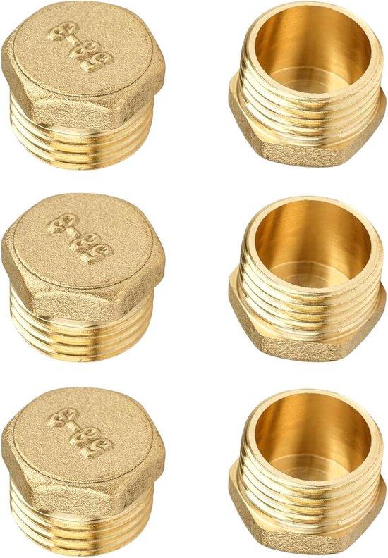 6 stuks messing stoppen - 1/2 inch buitendraad - messing blinde stop AG met zeskant - eindstop van schroefdraadfitting - messing dop zeskant - buiskap eindkap schroefdraadfitting voor tuin - waterleiding en leidingen van Merkloos	
