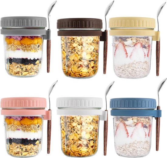 6 stuks Overnight havermoutpotjes met lepel - 350 ml - kleurrijke maaltijdprep glazen voor salade - yoghurt - pudding - pap van Merkloos	