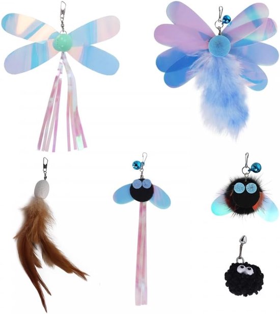 6 stuks pluche kat libelle navulling met bel - gesp ontwerp - kitten toverstaf vervanging voor tanden reinigen - spelen - jagen van Merkloos	