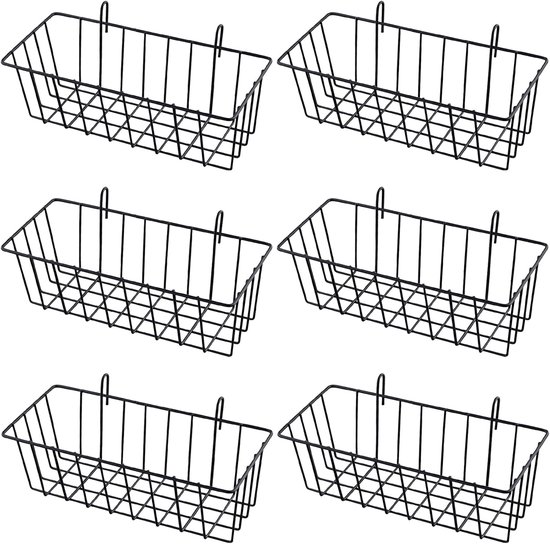 6 stuks roostermanden om op te hangen - 23 x 10 x 7,5 cm - metalen mand met haken - wandrooster - zwarte metalen roostermand - plankmanden voor bloempotten - plank - organisatie - decoratie van Merkloos	