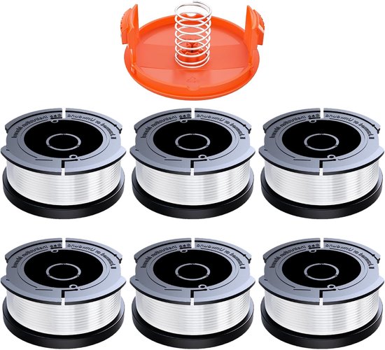 6 stuks trimmerdraadspoelen compatibel met Black & Decker, Ø 1,65 mm met 10 m trimmerdraad, bevat 6 vervangende snijspoelen, 1 vervangende spoelafdekking en 1 vervangende veer van Merkloos	
