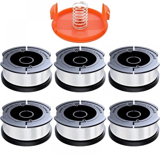 6 stuks trimmerdraadspoelen geschikt voor Black & Decker, Ø 1,65 mm met 9 m trimmerdraad, bevat 1 reserve spoelafdekking en 1 reserve veer van Merkloos	