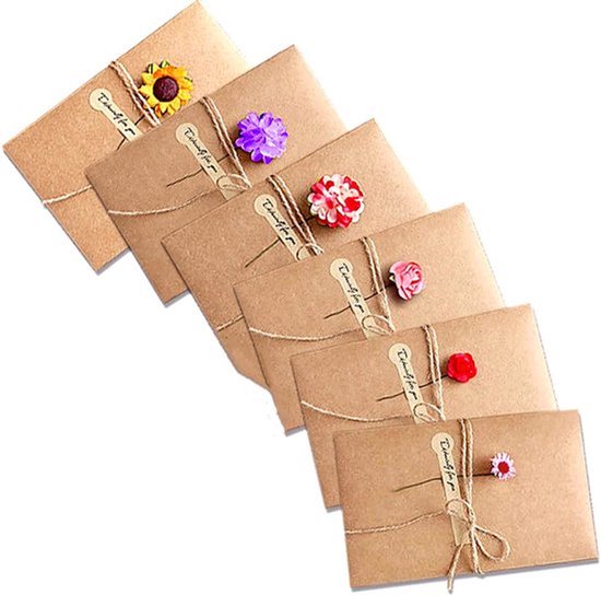 6 stuks wenskaarten, ansichtkaarten, enveloppen, retro kraftpapier, gedroogde bloemen, versierd, ansichtkaart voor verschillende gelegenheden, bruiloftswensen, verjaardag, uitnodigingen, brief