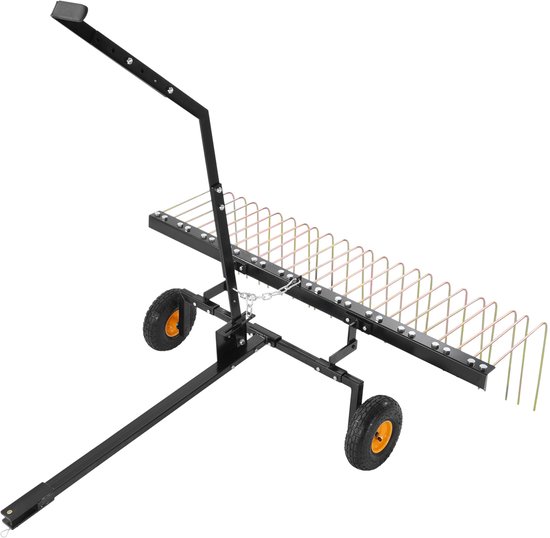 60 inch aanhangwagenverticuteermachine, gazonhark met 24 stalen tanden voor terreinvoertuigen of grasmaaiers, gras- en bladverzameling, verstelbare handgreep, robuuste stalen constructie van Merkloos	
