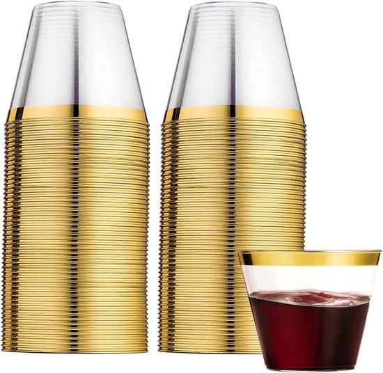 60 Pcs Plastic Cups met Gouden Rand - 270ml Herbruikbare Drinkbekers - Elegante Feest Wijn Glazen voor Champagne Bier Cocktail Martini Frisdrank Dessert (9 x 7cm) van Merkloos	