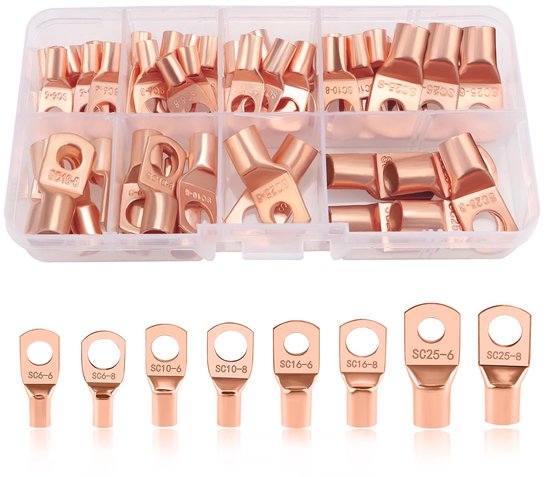 60 Stuks M6/M8 Ringklemmen Set - Buisvormige Batterijkabeluiteinden - Koperdraadklemmen voor Auto - Motorfiets - Boot - Gouden van Merkloos	