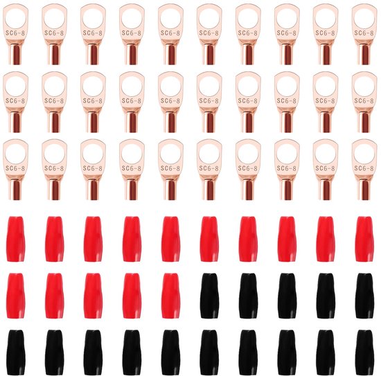 60 Stuks M8 SC6-8 AWG10 Ringklemmen Set - Buisvormige Batterijkabeluiteinden - Batterij Kabel Eind Terminals met Isolatie Mouwen voor Elektrische Kabel - Gouden van Merkloos	