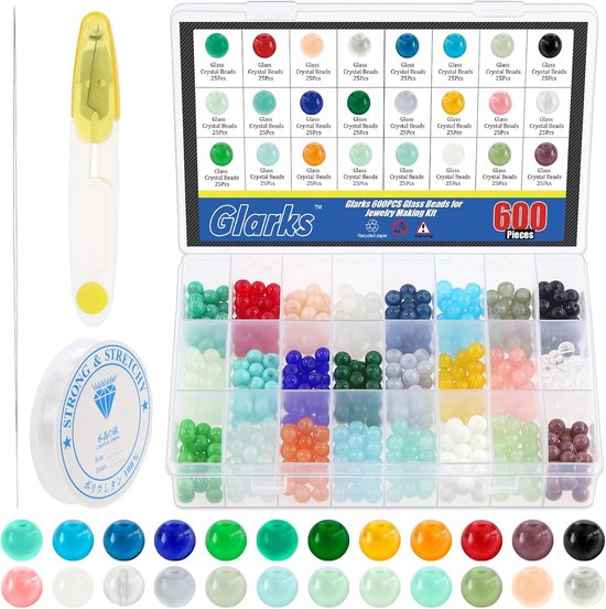 603pcs 8mm Glas Kralen voor Sieraden Maken - 24 Kleuren DIY Edelsteen Kristal Kralen Kit - Ronde Losse Kralen voor Armband Oorbellen Ketting Sieraden Maken Benodigdheden van Merkloos	
