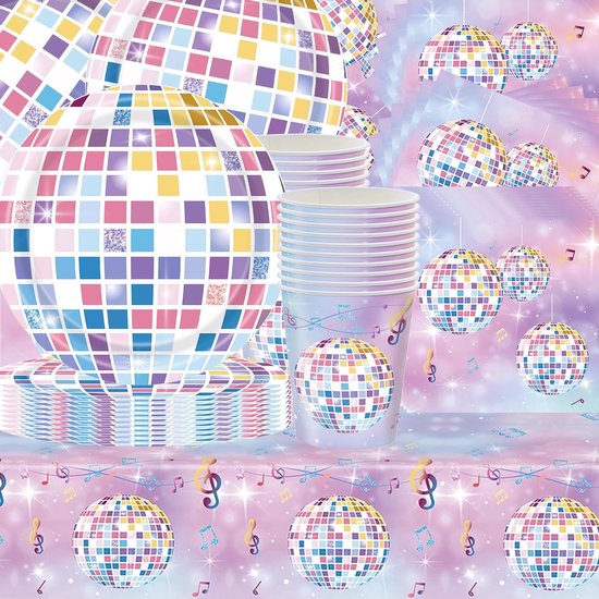 61 delige disco muziekfeest servies set, paars glitter decoratief kleurenschema, verjaardagsfeest decoraties, tafelkleed, papieren bekers, servetten, papieren borden, geschikt voor 20 gasten