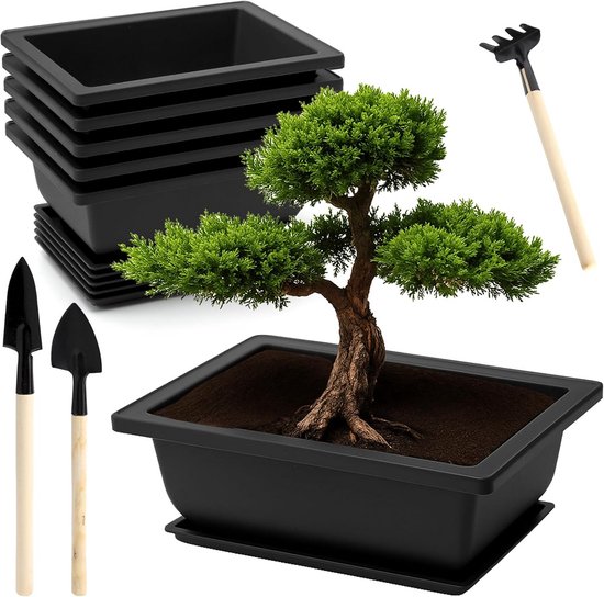 6x Bonsai Schalen Set met Schotels en Mini Gereedschap - Compacte Plantenpotten van Merkloos	