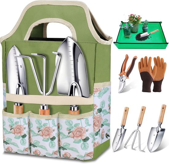 7-Delige Tuingereedschap Set – RVS Tuin Tools met Houten Handvatten – Inclusief Snoeischaar, Handschoenen, Verpotmat en Opbergtas van Merkloos	
