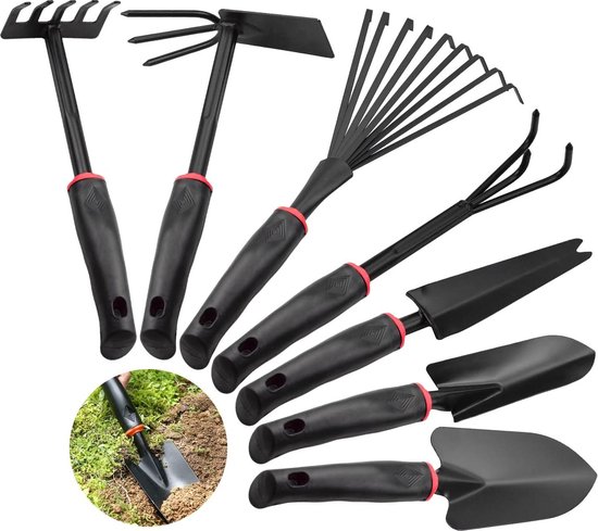 7-delige tuingereedschapsset - cultivator rake schop tuinieren antislip transplanterijen bloemenhark zaailingen grootte voor verplanten en onderhoud van Gardebruk