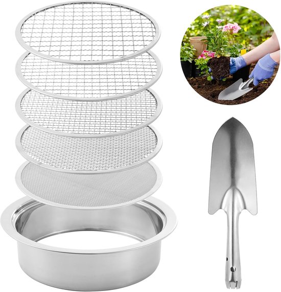 7-delige tuinzeefset – 5-in-1 metalen tuinzeef – Ronde metalen zeef – Zeef voor grond en stenen – Roestvrijstalen zandzeef (maaswijdtes: 1, 3, 6, 9, 12 mm) – Inclusief handschepje – Geschikt voor grond, stenen, onkruid, grind en zaden – Zilverkleurig