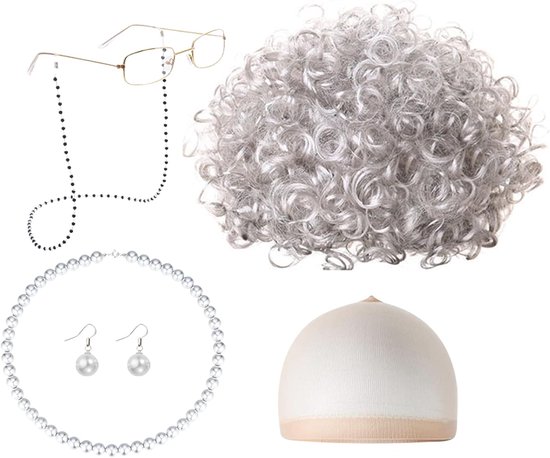 7 stuks omapruikkostuumset - grootmoeder - cosplay-accessoireset - omapruik - kostuumaccessoire voor oma-bril - bril met ketting - parelketting - oude dame - cosplay-set voor carnaval en Halloween van Merkloos	