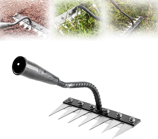 7-Tand Onkruidhark van Koolstofstaal - Zwaar Uitgevoerde Metalen Gardenhark voor Onkruid Verwijderen - IJzeren Hark Geschikt voor Tuinieren en Grondonderhoud - Extra Stevige Constructie van Merkloos	
