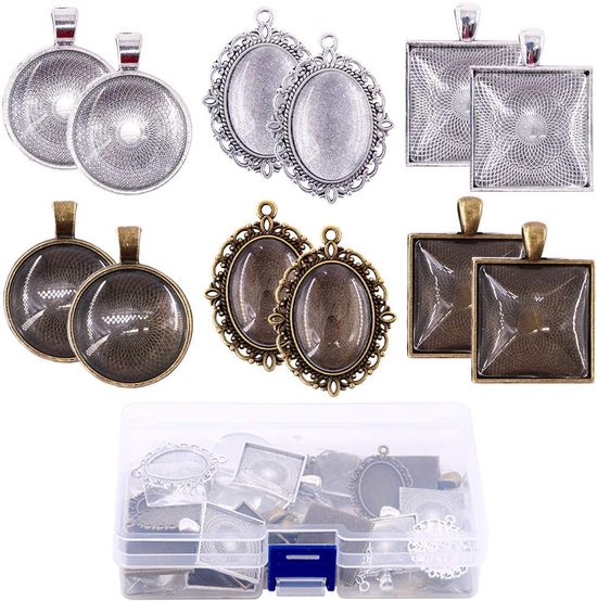 72pcs Rond & Ovaal & Vierkant Pendant Tray met Glas Cabochon Dome Tegels - Duidelijke Cameo voor Creatief DIY Sieraden Maken van PandaHall