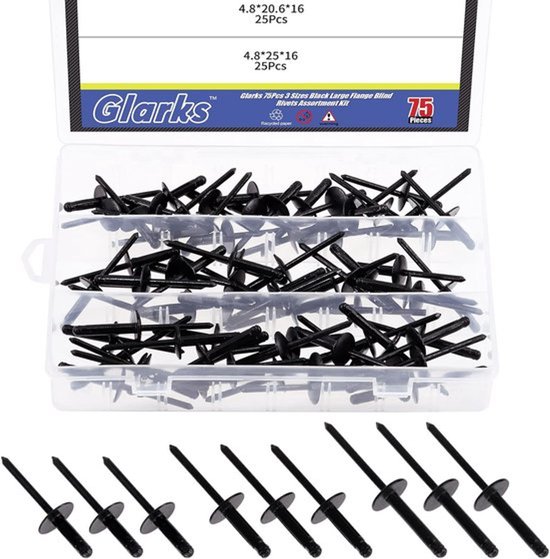 75 stuks 3/16" x 5/8" - 13/16" - 1" zwarte grote flens-blindnagels - assortimentsset voor het verbinden van metalen platen en pijpen - automotive