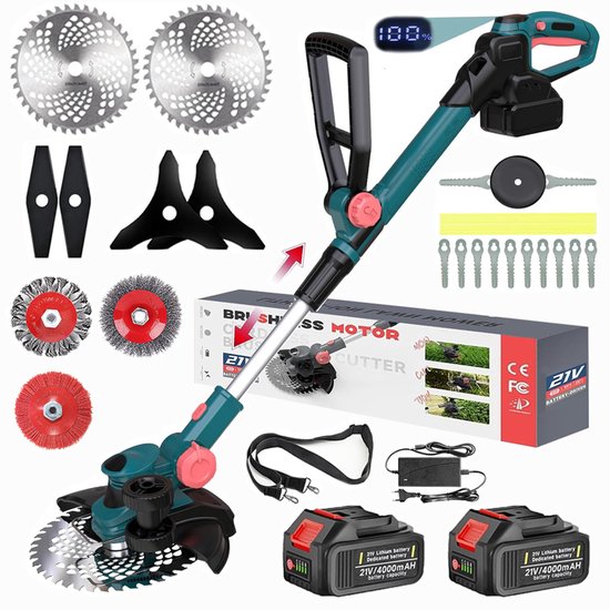 750W Accu Grastrimmer met 2× 4000mAh Accu's, 5 Messtypen, Borstelloze Motor, Vrijschijver met Onkruidborstel, Draadborstel – Blauw van Merkloos	
