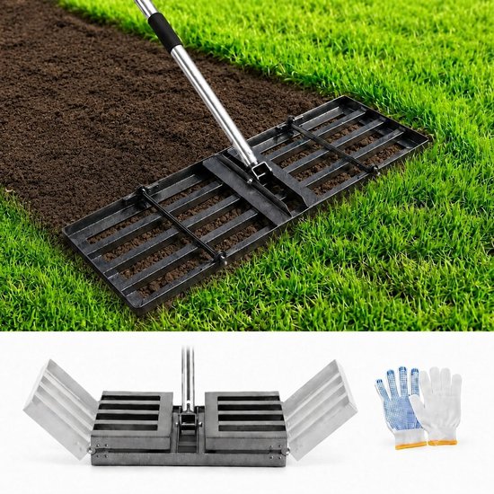 76 x 25 cm met 85-195 cm verstelbare steel | Zware ijzeren kop, opvouwbaar tot 40 x 25 cm, verdeelt zand, aarde en compost gelijkmatig, voor tuin en golfbaan