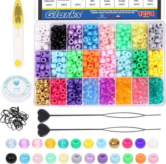 774Pcs 24 Color Bangs Beads met Elastic String - Rubber Band - Quick Beader - Schaar Kit - Solid Pearlescent Transparent Matte Rainbow Beads voor Haar Vlechten en Armband Maken Craft van Merkloos	