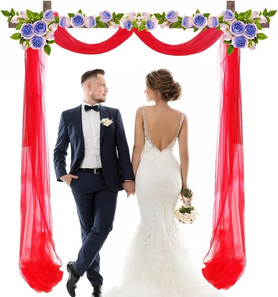 7m Tule fotogordijn - Achtergrondgordijnen - Bruiloftsboogdecoratie - Bruiloftgordijn - Geschikt voor feest - Podium - Huwelijksboogceremonie (Rood) van Decofun