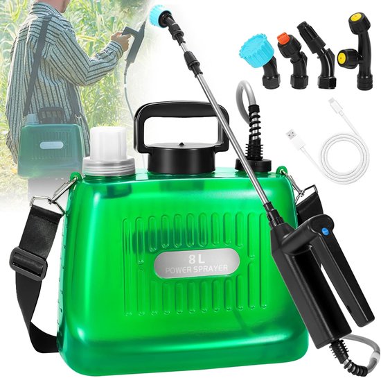 8 liter accu-druksproeier - Elektrische rugsproeier - Druksproeier - Tuinrugsproeier - Comfortabel om te dragen - Telescopische steel - Verstelbare sproeikop - Geschikt voor tuinonderhoud en desinfectie - 2000 mAh - Groen - 1 stuk