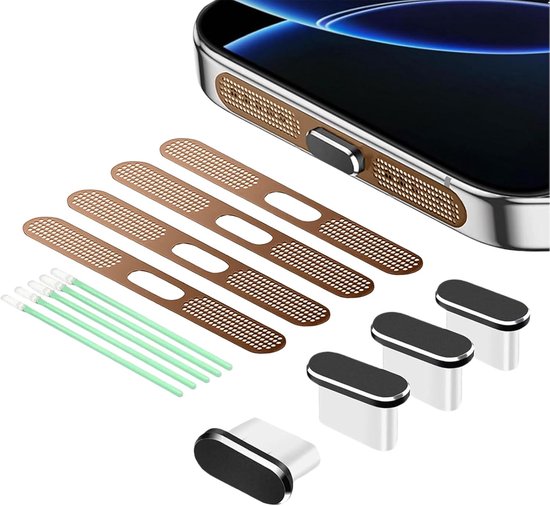 8-Pack USB-C Dust Protectors - Type-C Charging Port Covers - Dustproof Adhesive Protectors voor iPhone 16/iPhone 15 - Earbuds Speaker Net - Desert Titanium van Merkloos	