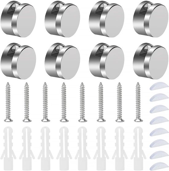 8 Stuks 3-4 mm Spiegelclips - Ronde Glasklem - Zinklegering Glasclip - Badkamerspiegelclips met Pluggen en Schroeven voor 3-4 mm Dikke Spiegel en Glas van Merkloos	