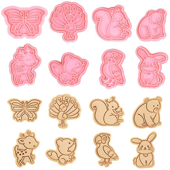 8 stuks dieren uitsteekvormpjes voor kinderen, plastic uitsteekvormpjes, koekjesvormen, 3D-uitsteekvormpjes, stempel dieren, kinderbakaccessoires (B)