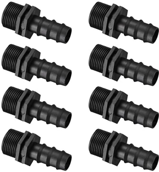 8 stuks druppelirrigatie-fittingen - prikkeldraad naar G3/4 buitendraad - voor 3/4 inch buizen - geweldig voor tuinen - kassen - gazons (zwart, 19,4 mm)