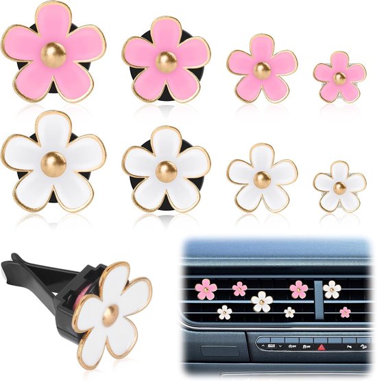 8 stuks madeliefjes bloem luchtverfrisser clip - madeliefjes auto diffuser met 2 verpakkingen geurtabletten - auto geurclip voor auto, kantoor, thuis (wit, roze) van Merkloos	