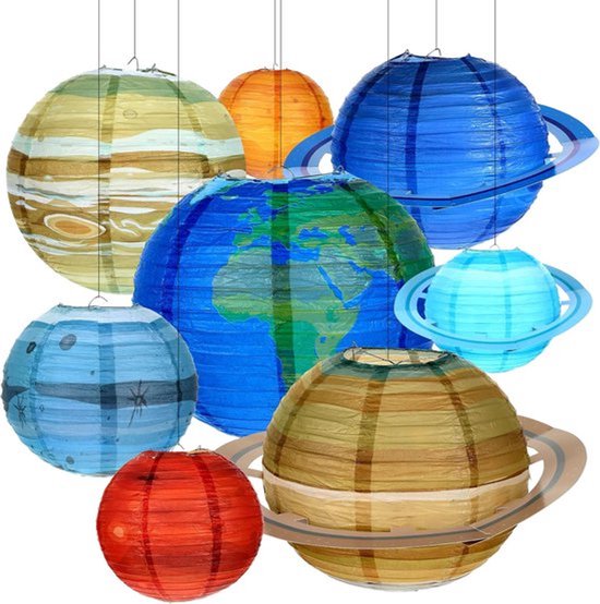 8 stuks planeten papieren lantaarns, 25 cm zonne-systeem, planeten papieren lantaarn, dromerige papieren lantaarns voor kinderen, hangende kleurrijke planeet lampenkappen voor ruimtethema's