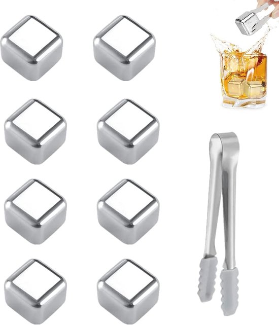 8 Stuks Roestvrij Stalen Whisky Stenen Set - Herbruikbare IJsblokjes voor Cocktails en Drankjes van Blumtal