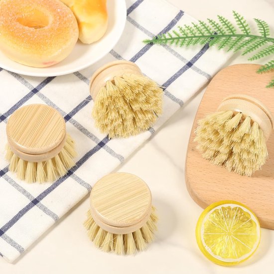 8 stuks vaatborstelkoppen met harde borstels, houten vaatborstelkoppen voor in de keuken, verwisselbare borstelinzetstukken, bamboe vaatborstel, afwasborstel, serviesborstel, keukenborstel, borstel