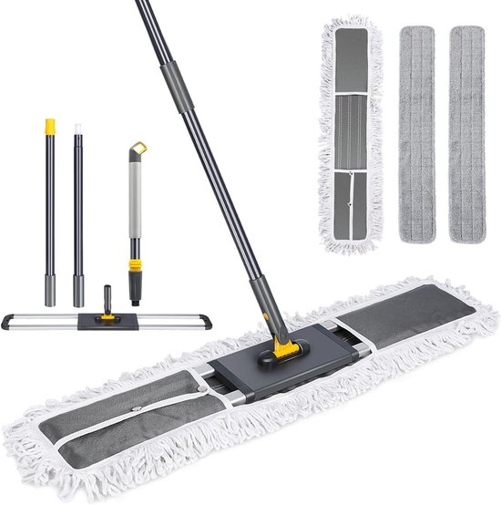 80 cm grote platte bezem met telescopische handgreep en katoenen dweil voor kantoorreiniging en garage - Reinigings- en stofverwijderaar met 2 microvezelpads van Vileda