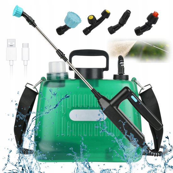 8L elektrische sproeier - Groen - USB oplaadbaar - met 4 sproeiers - Telescopische steel - voor het reinigen van gazon en tuin van Merkloos	