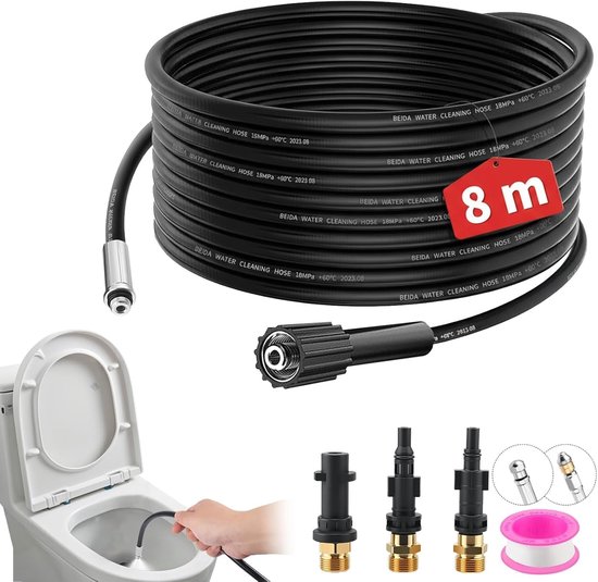 8m Rioolontstopper, Rioolontstopper 400 Bar/5800 PSI met 3 Adapters, 2 Mondstukken en 1 Teflonband, Compatibel met Kärcher K2-K7, Lavor, Bosch, Parkside voor Huishoudelijk Gebruik