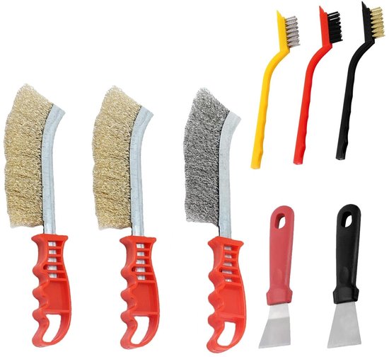 8pcs Stalen Borstels - Twee Soorten Draadborstel Set - Messing Borstel met 245mm Blad - Puntborstel en Spatel voor Keuken - Badkamer en Werkplaats van Merkloos	