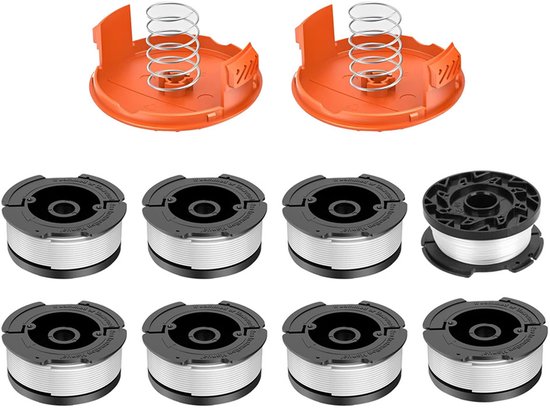 8x Draadspoelen geschikt voor Black en Decker Grastrimmer - Draadspoel - Compatibel geschikt voor AF-100, AF-100-3ZP, AF-100-BKP - met Spoeldeksel RC-100-P - Lengte 9,15 m - 8 Spoelen + 2 Hoes + 2 Lente - Gazongereedschapaccessoire - Trimmerdraad van Merkloos	