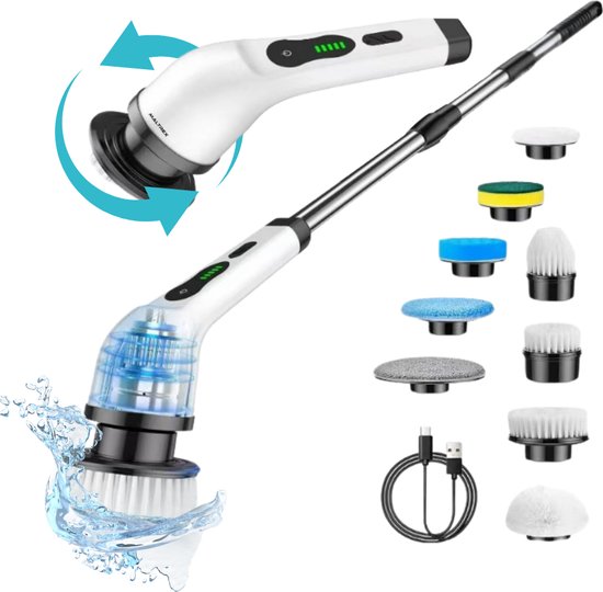 9-Delige Draadloze Elektrische Schrobborstel Set – Schoonmaakborstel met Verlengde Steel – 9 Schoonmaak Borstel Opzetstukken Set – Borstelset Waterbestendig IPX6 - Accu