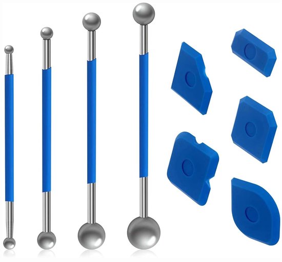 9-delige Gereedschapsset voor Voegen - 4 Metalen Ball Scrapers en 5 Siliconen Pullers voor Badkamer en Keuken, Professionele Joint Loader Set