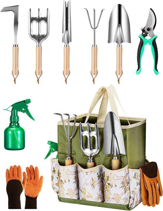 9-delige premium tuingereedschapset, speciaal ontworpen voor vrouwen - Robuust, roestvrij staal en een stijlvolle opbergtas | Het perfecte tuincadeau voor mama, geschikt voor Moederdag, verjaardagen en buitenactiviteiten (groen) van Merkloos	