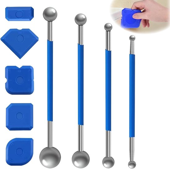 9-delige set siliconen badkamer gereedschappen met schraper en voegenstrijker voor tegels en voegen, inclusief 4 metalen ballen en 5 siliconen voegenstrijkers in blauw