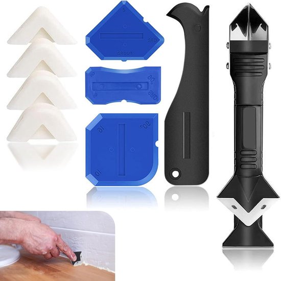 9-delige Siliconen Verwijderingsset, 5-in-1 Voegenkrabber met 4 Stuks Voegenreinigers en 4 Stuks Siliconen Pads voor Keuken, Badkamer, Vloer en Raam, Ideaal voor Grout Verwijderen van Merkloos	