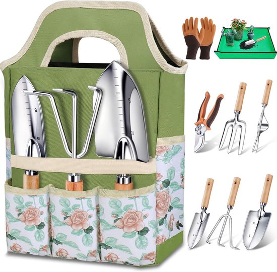 9-Delige Tuingereedschap Set – RVS Tuin Tools met Ergonomische Houten Handvatten – Inclusief Snoeischaar, Handschoenen, Verpotmat en Opbergtas van Merkloos	