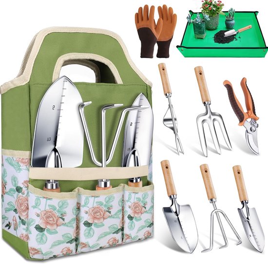 9-Delige Tuingereedschapset RVS - Incl. Snoeischaar, Handschoenen en Opbergtas