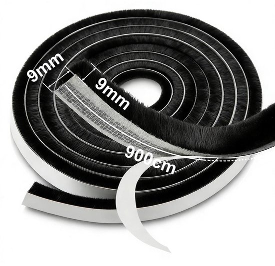 9 m borstelafdichting, zelfklevend, zwart, deurborstelafdichting, 9 mm (B) x 9 mm (D), afdichtingsborstel, zelfklevende deurafdichting, borstelafdichting, rolluiken voor ramen, deuren